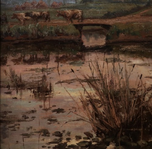 XIXe siècle - Paul Leduc (1876 - 1943) - Paysage flamand avec un bateau dans un étang et des vaches traversant un pont