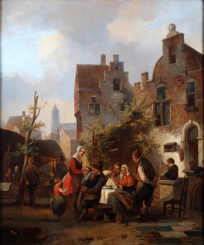 Animated village view, possibly Antwerp - Jan Michiel Ruyten (1813 - 1881) 
