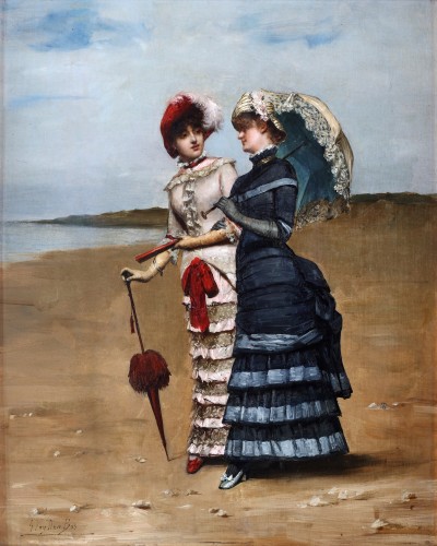 Deux dames élégantes marchant sur la plage - Georges Van den Bos (1853-1911)