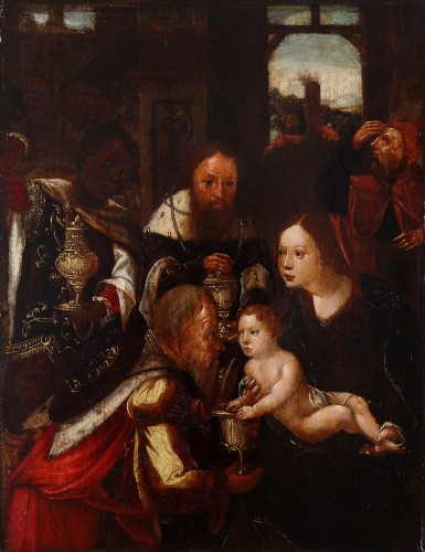 The Adoration - Antwerp School, 16th century - Paintings & Drawings Style 