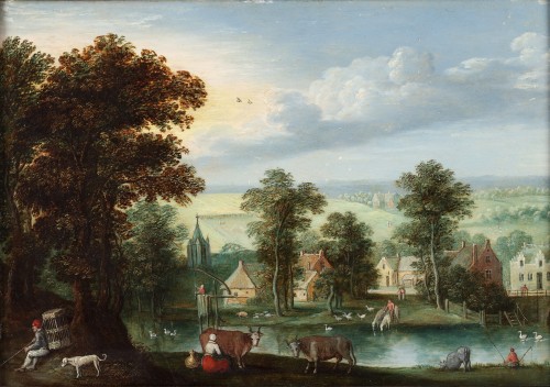 An animated village near a river - Marten Rijckaert (1587 - 1631)  - Paintings & Drawings Style 