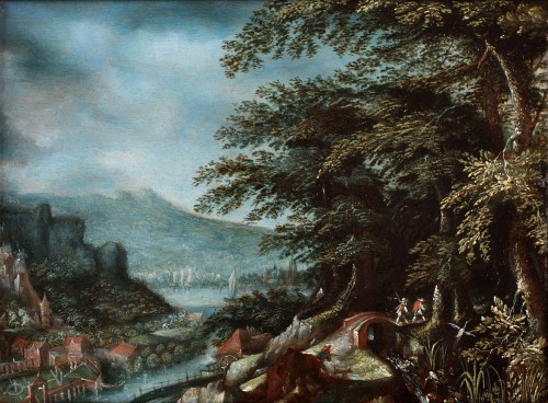 An animated landscape with travellers and a city on the left - Anton Mozart - Paintings & Drawings Style 