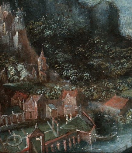 17th century - An animated landscape with travellers and a city on the left - Anton Mozart