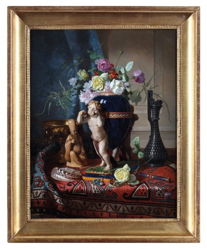 Tableaux et dessins Tableaux XIXe siècle - Nature morte au vase de fleurs couleur lapis lazuli - David De Noter