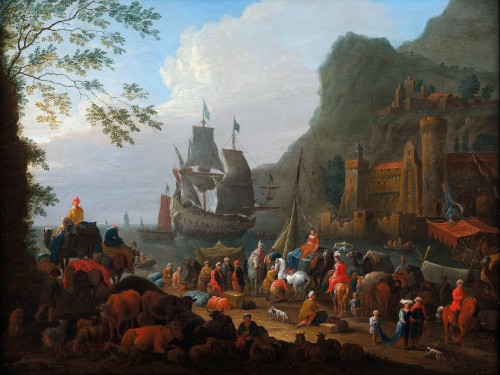 Activities near a mediterranean harbor - Jean Baptiste Bredael 
