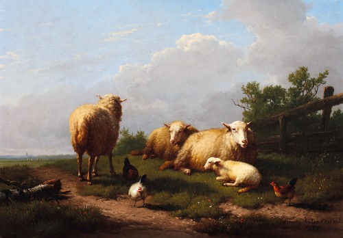 Moutons et poules dans un pré - Eugène Verboeckhoven (1798-1873) - Tableaux et dessins Style 