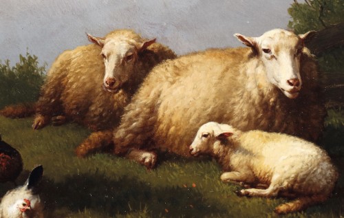 XIXe siècle - Moutons et poules dans un pré - Eugène Verboeckhoven (1798-1873)