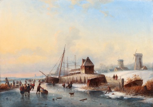 Un paysage d'hiver hollandais avec des patineurs sur la glace - Louis Smets (1840-189 - Tableaux et dessins Style 