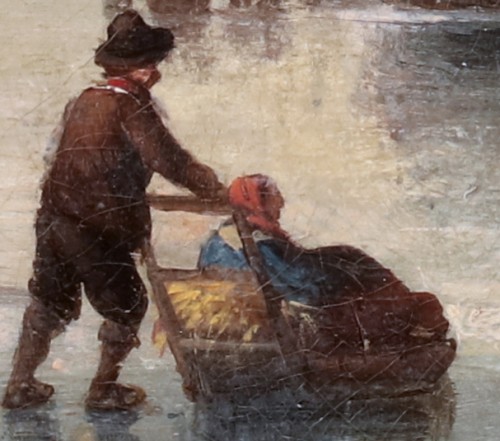 Tableaux et dessins Tableaux XIXe siècle - Un paysage d'hiver hollandais avec des patineurs sur la glace - Louis Smets (1840-189