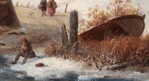 XIXe siècle - Un paysage d'hiver hollandais avec des patineurs sur la glace - Louis Smets (1840-189