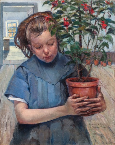 XIXe siècle - Jeune fille au pot de fleurs - Firmin Baes (1874-1943)
