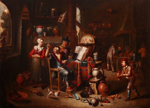 Une femme visitant l'alchimiste médical - attr. Hendrick Govaerts (1669-1720)