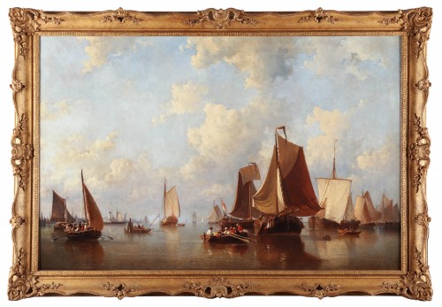 Paintings & Drawings  - Ships near the port of Amsterdam- Everhardus Koster (1817 - 1892)