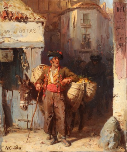 A Spanish merchant with his donkey carrying oranges - Albert Kindler (1833 - 1876)