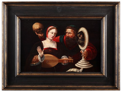 Une jeune femme et un homme plus âgé tenant un miroir convexe - Ecole flamande - Tableaux et dessins Style 