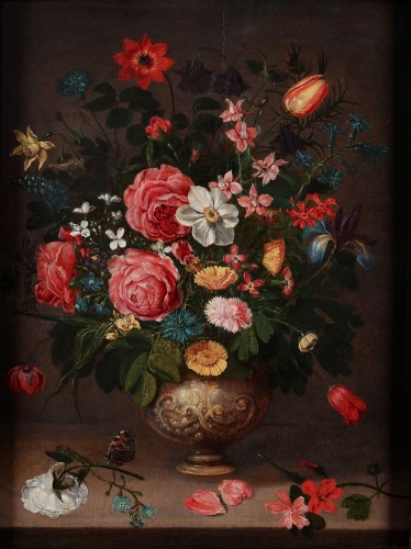 Nature morte avec un vase à fleurs élaboré - école flamande vers 1600