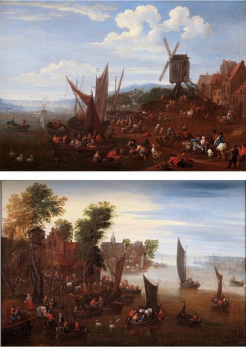 Deux paysages animés au bord d'une rivière - Mathys Schoevaerdts