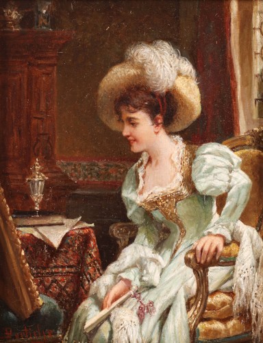 Jeune femme regardant un tableau - Jan Portielje (1829 - 1908)