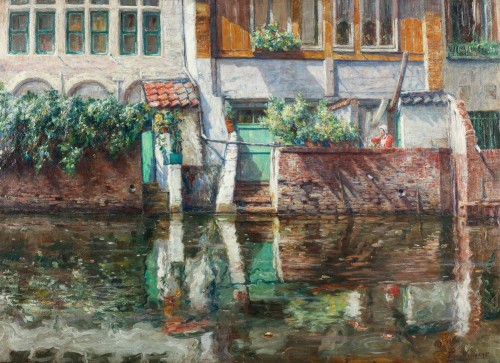 Houses alongside the river Leie in Ghent - Ferdinand Willaert (1861-1938) - Paintings & Drawings Style 