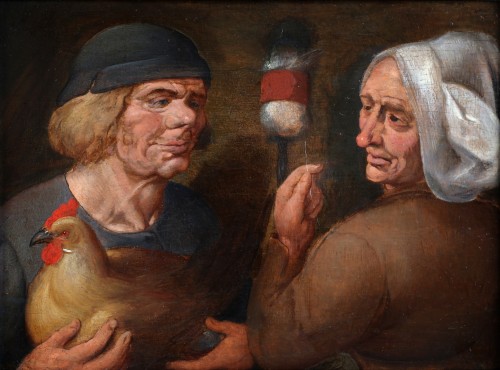 Couple with a spindle and a hen - Maarten van Cleve  (Antwerp 1527 - 1581)