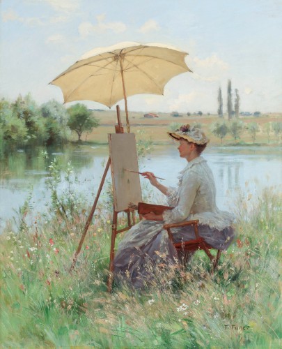 Une jeune artiste féminine peignant en plein air - François Furet (1842-1919)