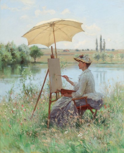 Une jeune artiste féminine peignant en plein air - François Furet (1842-1919) - Tableaux et dessins Style 