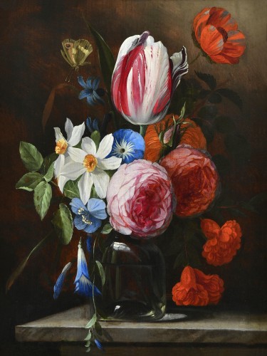 Nature morte de fleurs dans un vase en verre, attribué à Jan Philips van Thielen