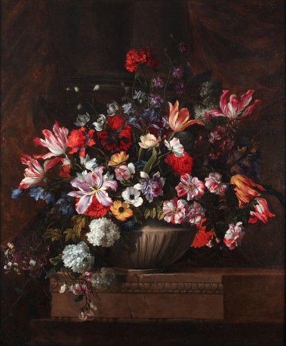 Tableaux et dessins Tableaux XVIIe siècle - Fleurs dans un vase en pierre - Jean-Baptiste Monnoyer (1636-1699)