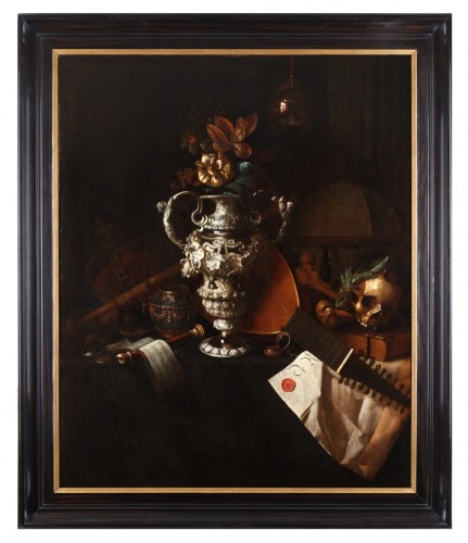 Paintings & Drawings  - A vanitas still life with an elaborate silver vase - Pieter Roestraeten 