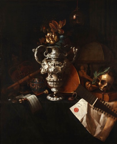 A vanitas still life with an elaborate silver vase - Pieter Roestraeten  - 