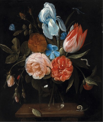 Des roses, une tulipe, un lys et des myosotis dans un vase en verre - Jan Van Kessel - Tableaux et dessins Style 