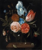 Des roses, une tulipe, un lys et des myosotis dans un vase en verre - Jan Van Kessel