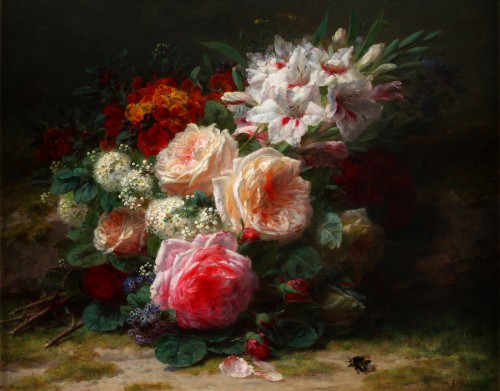 Tableaux et dessins Tableaux XIXe siècle - Une nature morte avec un bouquet de fleurs et un bourdon - Jean-Baptiste Robie