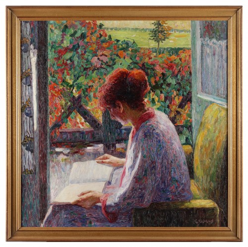 Une femme lisant sur son balcon - Oscar Coddron (1881-1960) - Tableaux et dessins Style 