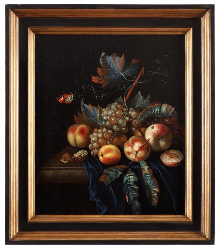 A still life with fruits on a table ledge with a butterfly - German School  - Paintings & Drawings Style 