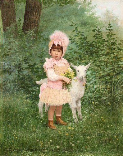 A dolly girl with her pet goat - Georges Croegaert (1848-1923)