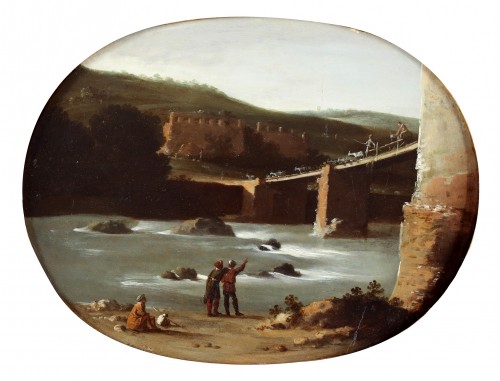 Landscape with travellers near a bridge - Attributed to Goffredo Wals