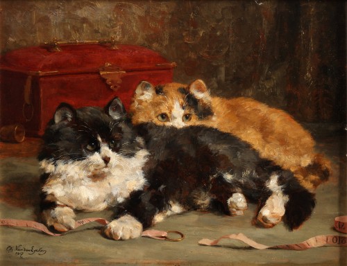 Two cats playing with a measuring tape- Charles Van den Eycken (1859 -1923)