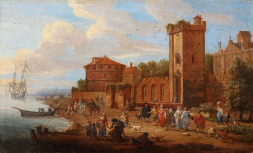 Scène portuaire animée près d'un palais fortifié - Matthijs Schoevaerdts