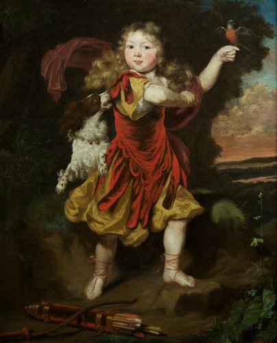 Portrait d'un enfant avec un pinson sur la main - Nicolaes Maes (1634 - 1693) - Tableaux et dessins Style 