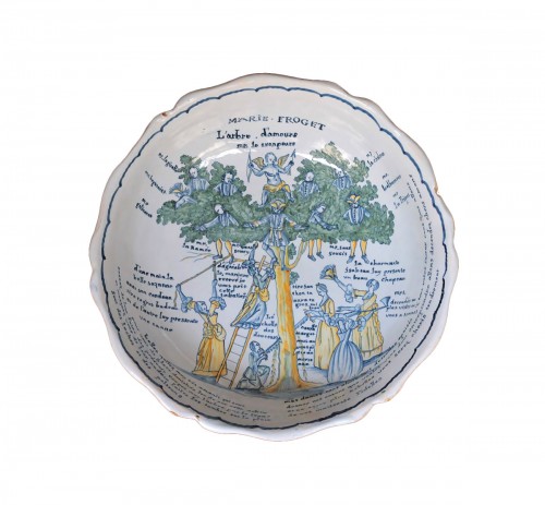 Nevers earthenware bowl with the tree of love, dated 1770