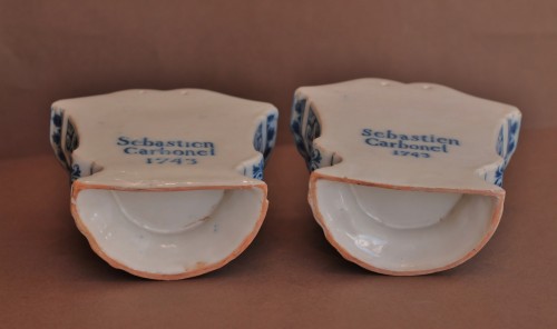 18th century - Pair of Marseille earthenware bouquetières, marked and dated 1743.