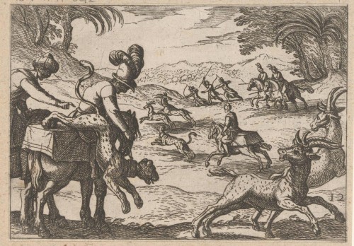 18th century - Large Moustiers earthenware dish depicting a gazelle hunt. Circa 1710-20.