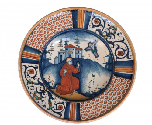 Dish in Deruta majolica (Italy) with Saint Francis of Assis, 16th c.