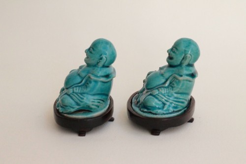 Asian Works of Art  - Two incense burners depicting Buadai, China porcelain, Kangxi period