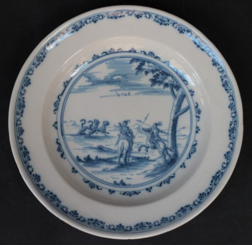 Moustiers faience, plate with a Tempesta scene of hunting cheetahs. 18th c. - 