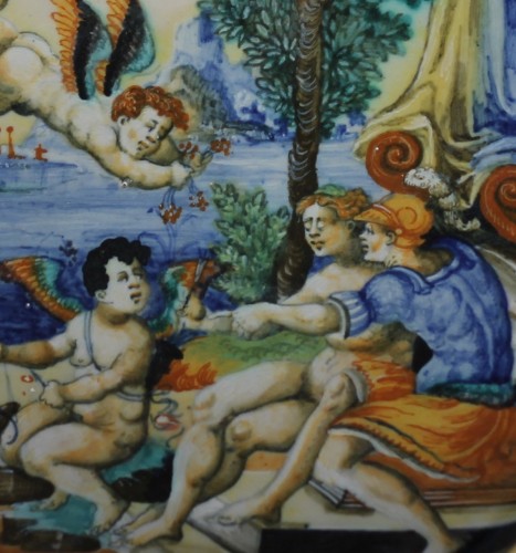 Céramiques, Porcelaines  - URBINO, Coupe représentant les amours de Mars et Vénus, XVIe siècle