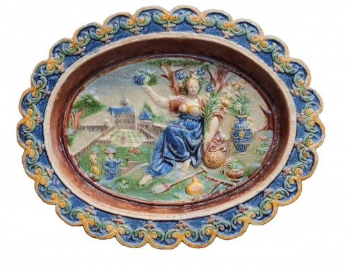 Enamelled terracotta dish "La Belle jardinière" school of Bernard Palissy