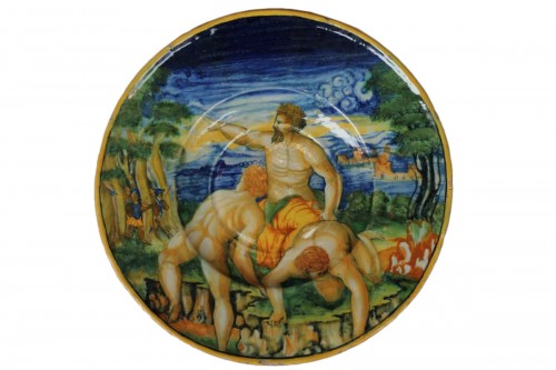 Urbino majolica tondino representing a scene of the Italian history. 16th