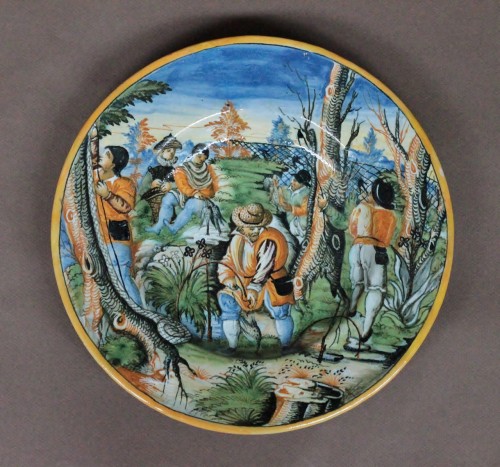 Coupe en majolique d'Urbino, chasse à la perdrix, vers 1590-1600. - Céramiques, Porcelaines Style Renaissance